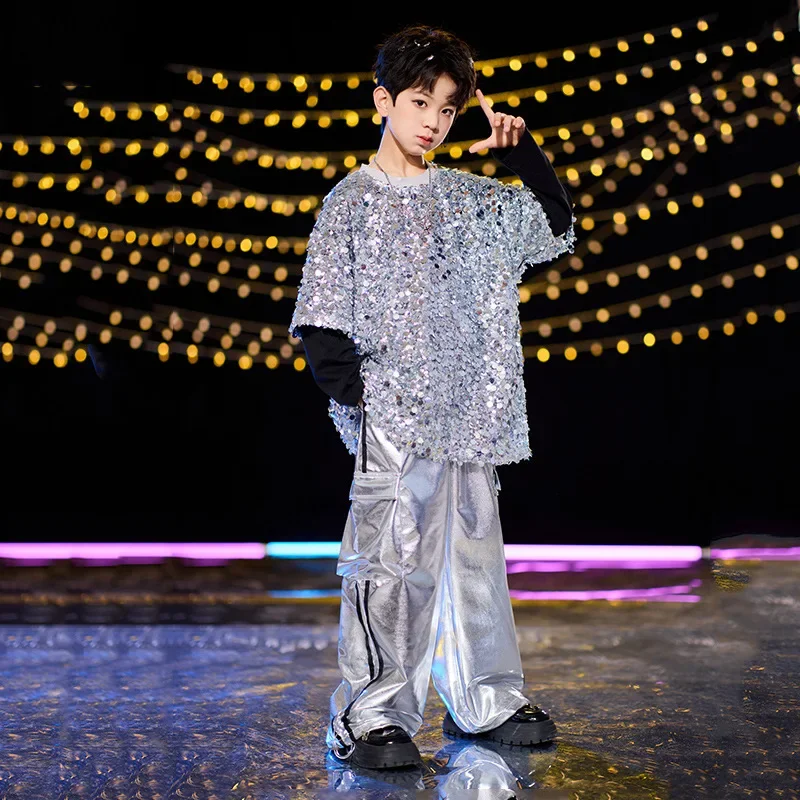 Jazz Dance Costumes Silver Sequined Tops Pleated Skirts Singers Music Festival Performances Girls Jazz Latin Dance Costumes