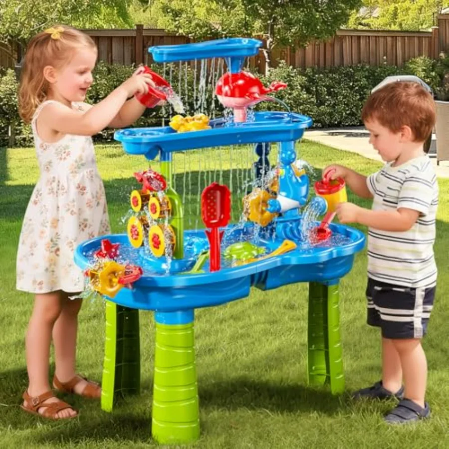 Outdoor indoor sand water table for toddlers 2-6 years, 3-tier plastic table in blue and yellow, splash-and-play activity set w