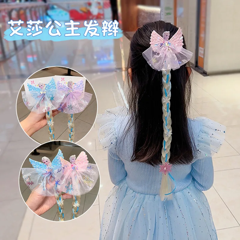 Disney Princess Elsa Girls Wig Braid Hairpin Frozen Kids Cosplay Princess Fringe Kawaii Ponytail Press Clip Wig Kids Gift