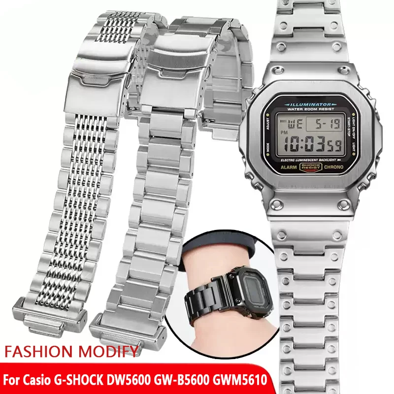 Quick Metal Modified watchband Case Suit For Casio G-SHOCK DW5600 GW-B5600 GWM5610 Stainless steel men watch strap Safety buckle