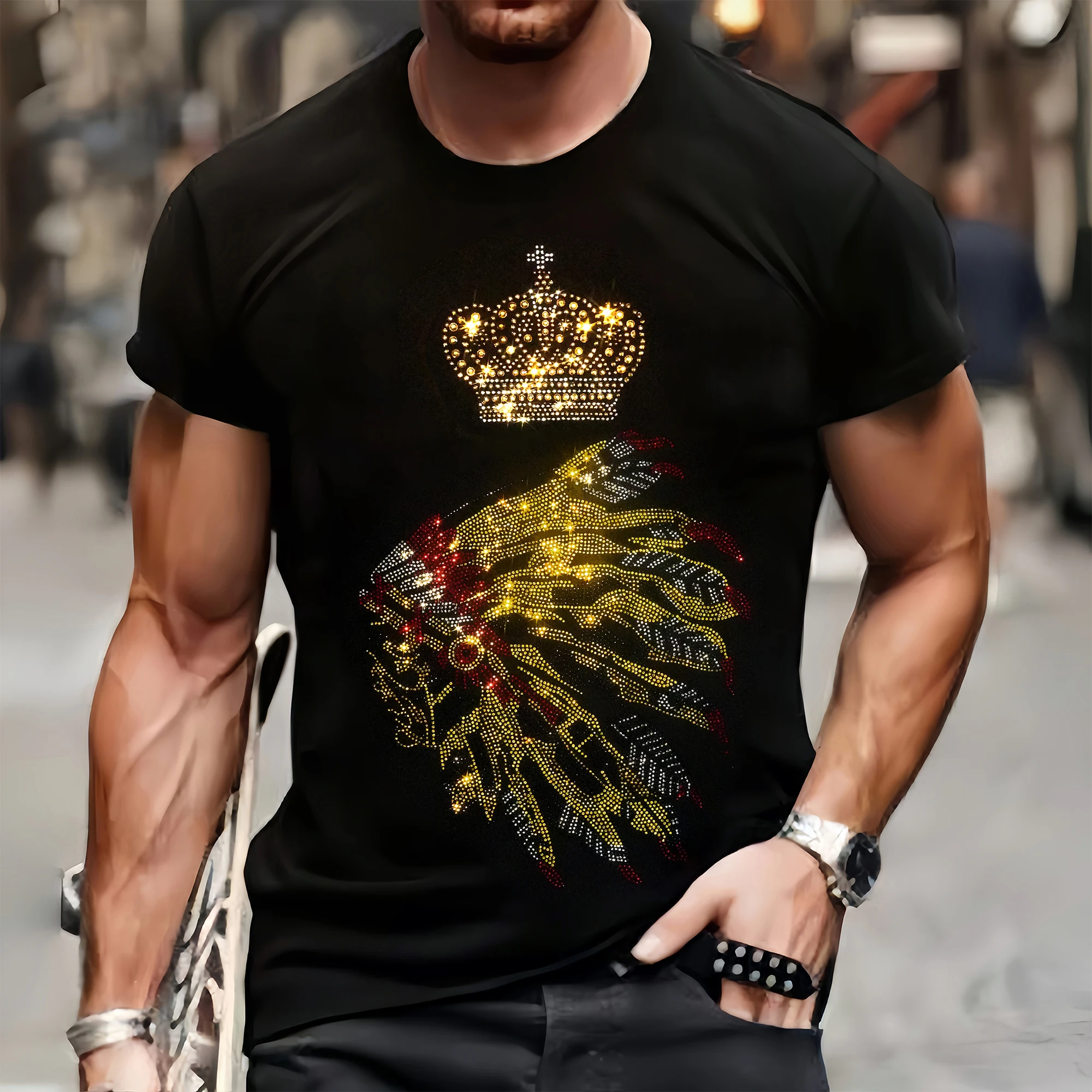 Spring Mens Quality T-Shirts Casual Short Sleeve Clothing Tee Tops O-Neck Indian Rhinestone Club Tshirt Y2k Oversized S-3XL New