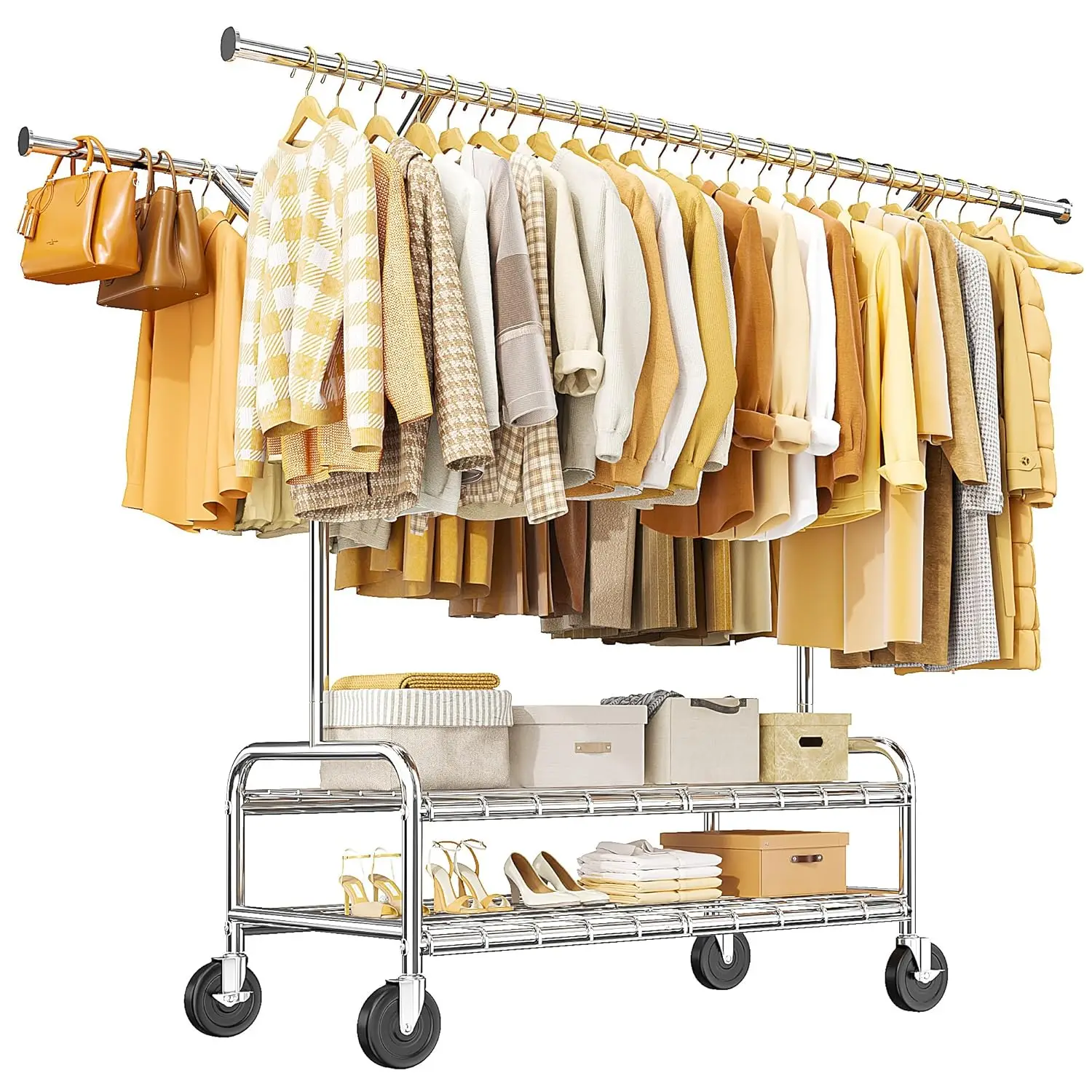 

Heavy Duty Clothes Rack Load 500 LBS, Rolling Clothing Rack with Wheels, Double Rods Clothing Racks for Hanging, Customized