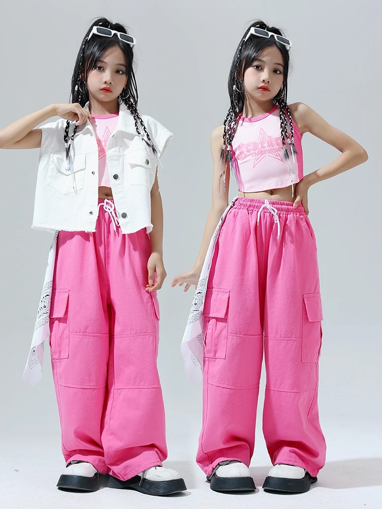 

Children Jazz Dance Costumes White Vest Pink Pants Suit Streetwear Girls Ballroom Hip Hop Dance Clothes Stage Outfits DN16543