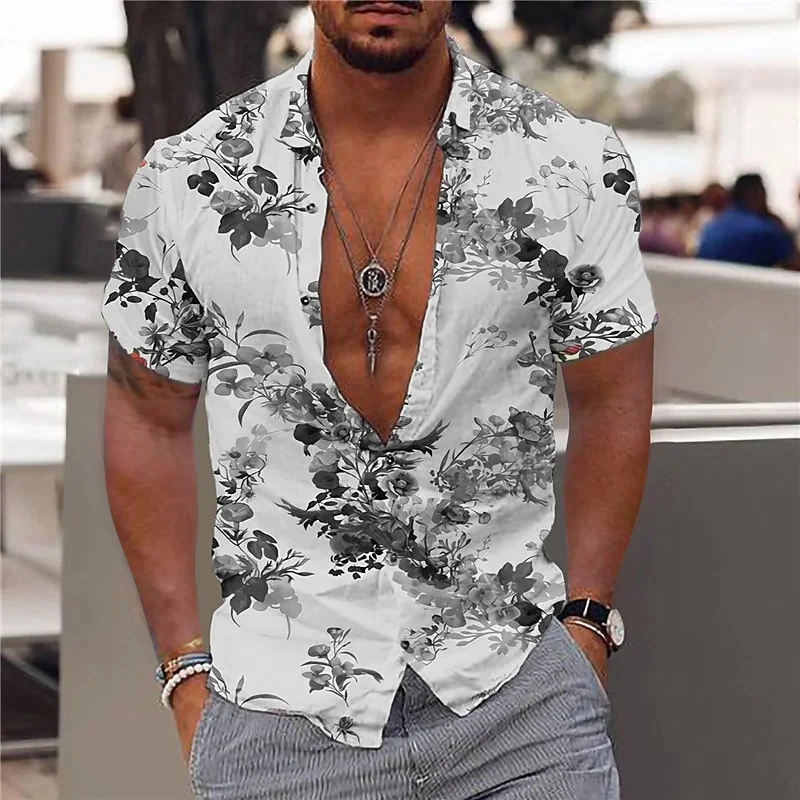 Summer Tropical Plant Print Hawaiian Shirt Men's 3D Print Lapel Shirt Beach Short Sleeve Fashion Shirt T-shirt