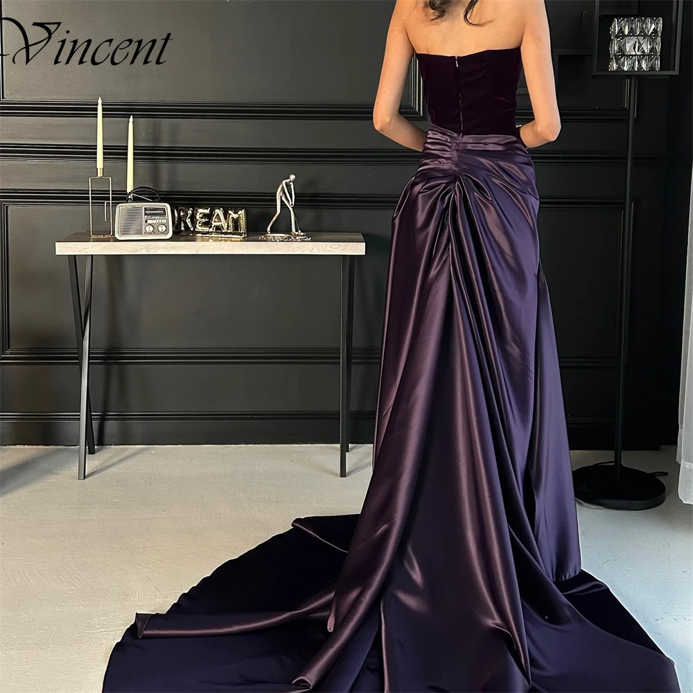 Customized Strapless Satin Classic Evening Dress A-Line Purple Fashion Prom Dress Panel Train Zipper Back Cocktail Dress