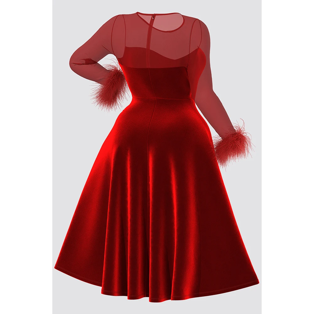 Vestidos de Coquetel de mulheres Midi, Tamanhos Grandes, Vermelho, Veludo, Gola redonda, Manga Comprida, Ver Através, Elegante, Outono, Inverno