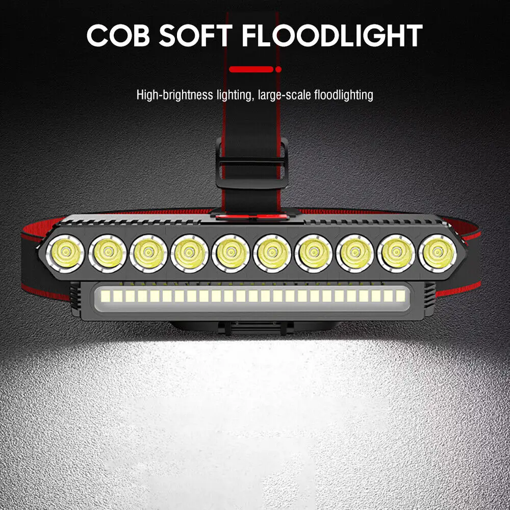 COB 10LED ไฟหน้าไฟหน้าแบบชาร์จไฟได้ไฟฉายทํางาน Light Bar HEAD Band US