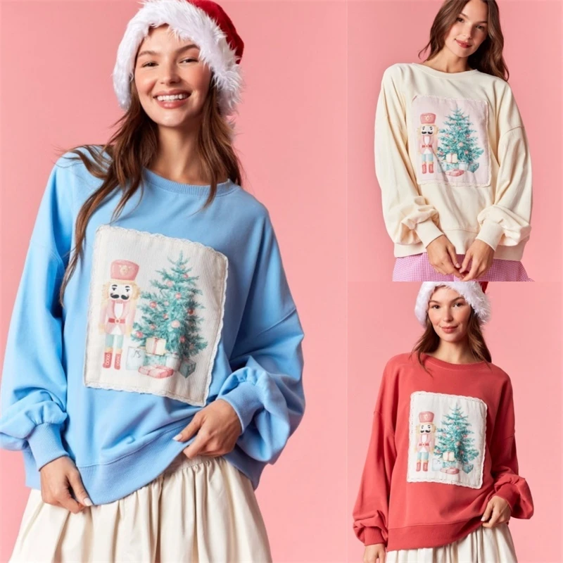 Haftowana bluza z długim rękawem, luźna, codzienna, zimowa, świąteczna bluza damska, ciepła, idealna na przyjęcie świąteczne, prezent.