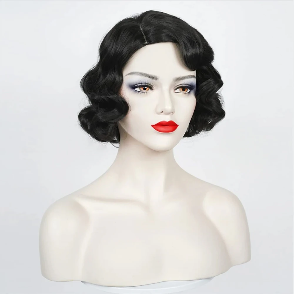 HAIRJOY Wave Wig Women Black 1920s Vintage Flapper Wig Lady Rockabilly Short Curly Wig Halloween Party Cosplay Costume Synthetic