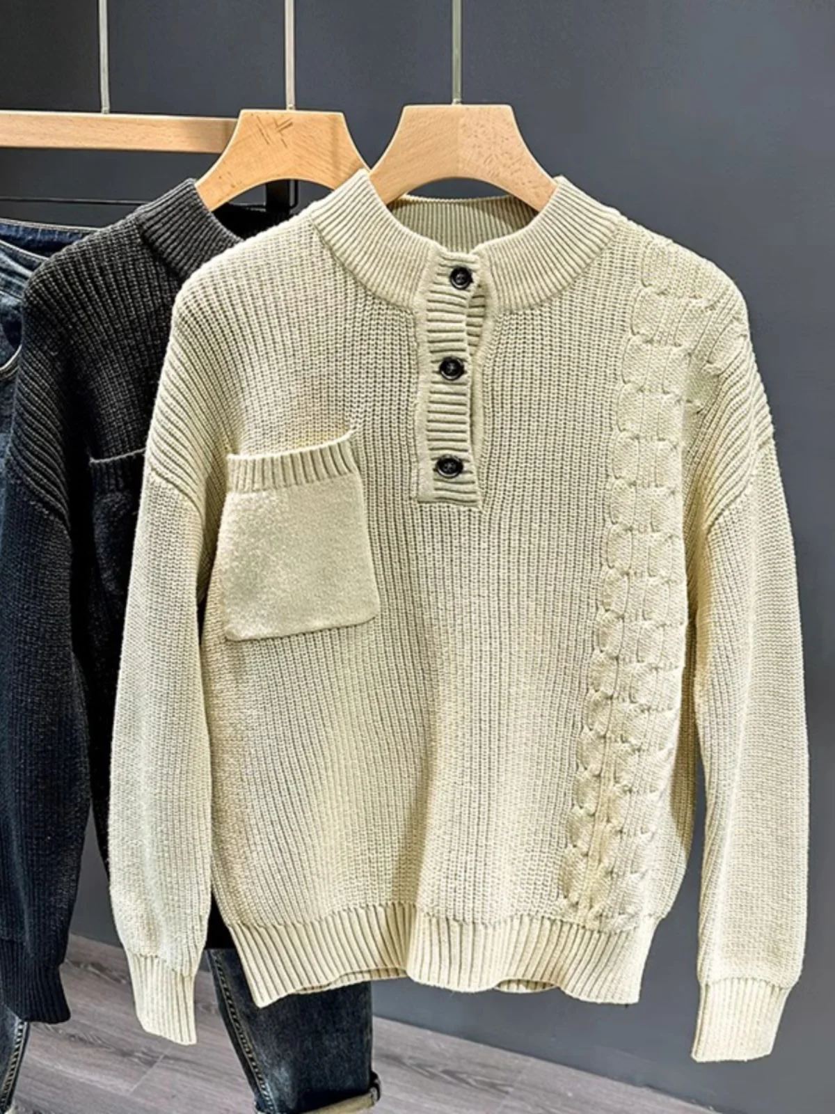 

Мужской вязаный свитер с длинным рукавом, свободного кроя, с воротником-стойкой, в винтажном стиле, для повседневной носки, городской модный молодежный дизайн