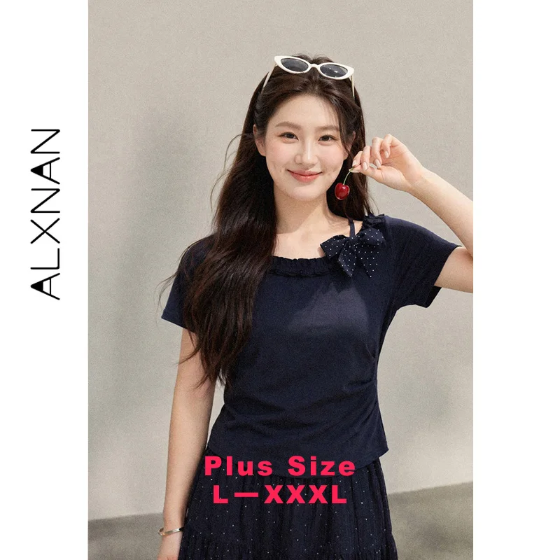 ALXNAN Plus Size Women's T-shirt Crew Neck with Ruffle Trim Short Sleeve One Side Ruched Bow Scarf Slim-fit Female Top D67228A