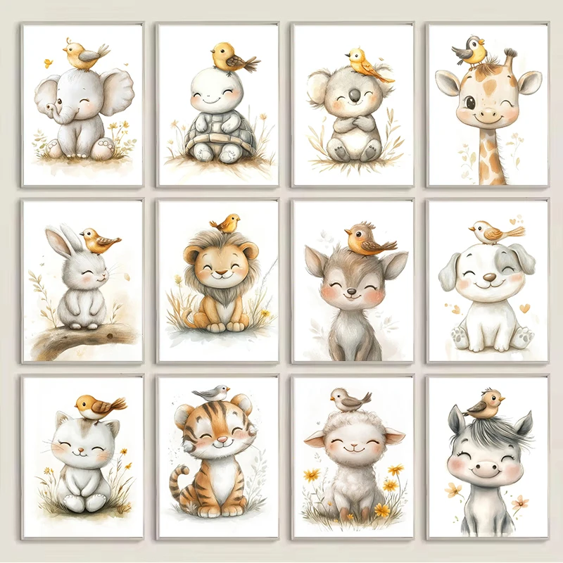 

Cartoon Animal Illustrations Posters Prints Boho Style Canvas Painting Wall Art Picture Living Room Home Baby Room Nursery Decor