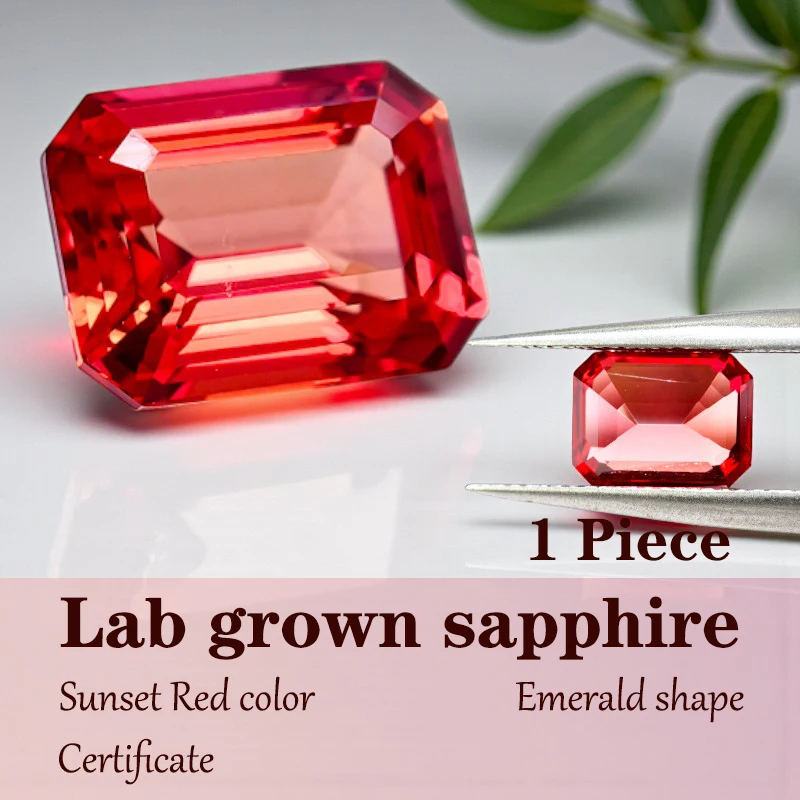 

Emerald Cut Lab Grown Sapphire Sunset Red Color for DIY Charms for Jewelry Making with Certificate Factory Wholesale Price