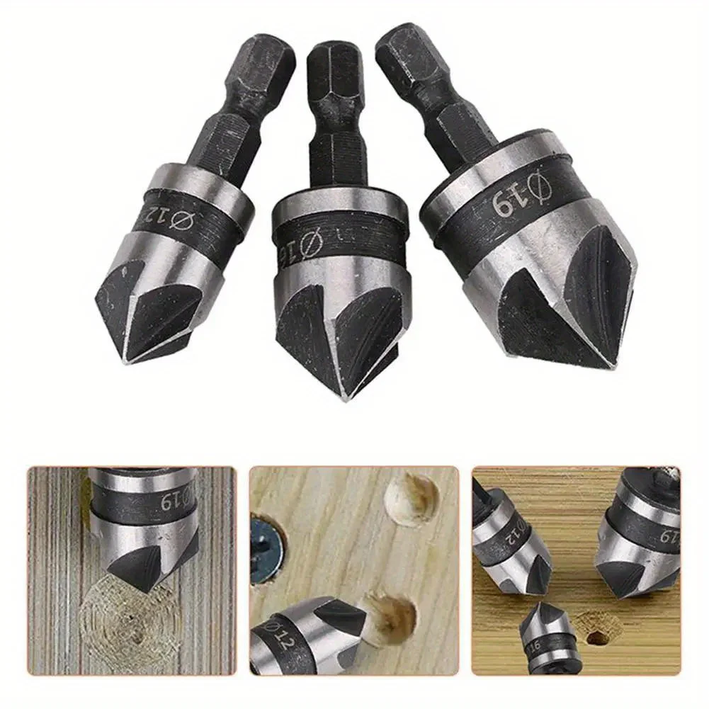 Industrial Grade HSS 3-Flute Deburring Drill Bit Set 5-Pack 3-10mm Hex Anti-Slip Handle Wear-Resistant for Metal Wood Furnitu...
