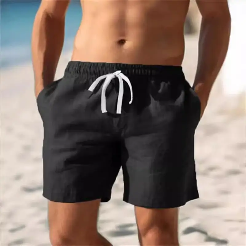 Pantaloncini da Uomo in Cotone e Lino con Elastico, Gamba Dritta, Stile Estivo Semplice, Colore Unico