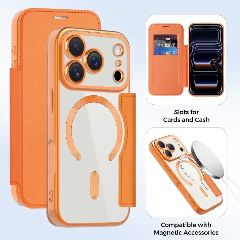 

Роскошный прозрачный кожаный чехол-флип с магнитной застежкой для iPhone 17 Air, 16, 15, 14, 13, 12, 17 Pro Max, с отделением для карт, совместимый с MagSafe