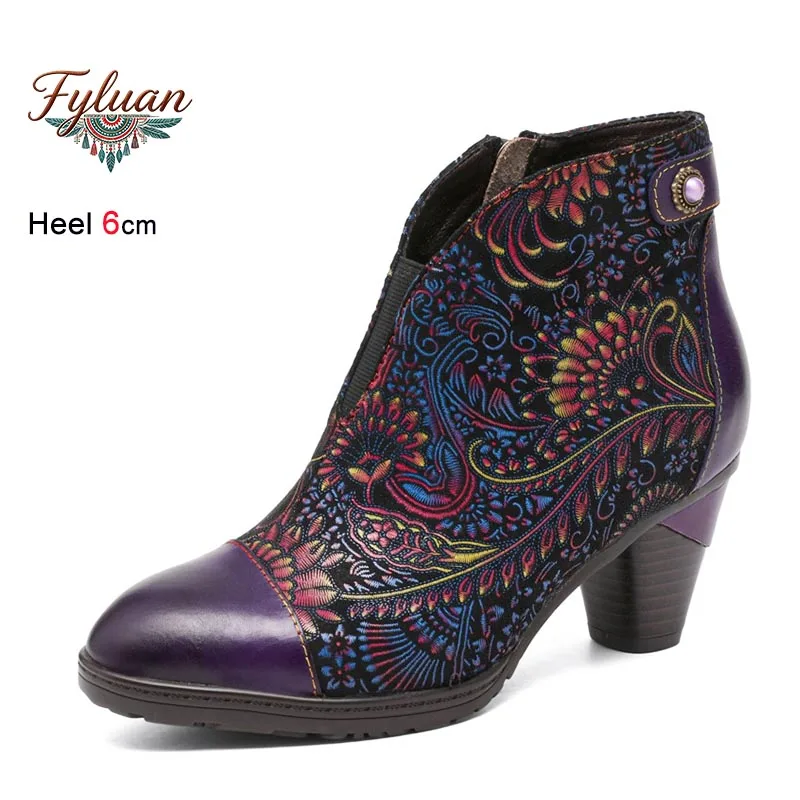 

Classic Ankle Boots For Woman V Cut Designer Autumn Winter High Top Zip Cow leather Shoes Ethnic Hand Rubbed Color High Heels