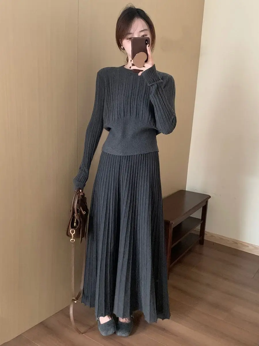 

French Grey Knit Dress Set 2025 - Elegant Early Fall Long Dress Ensemble, Luxury Two Piece Matching Set, Y2K Minimalist Office W
