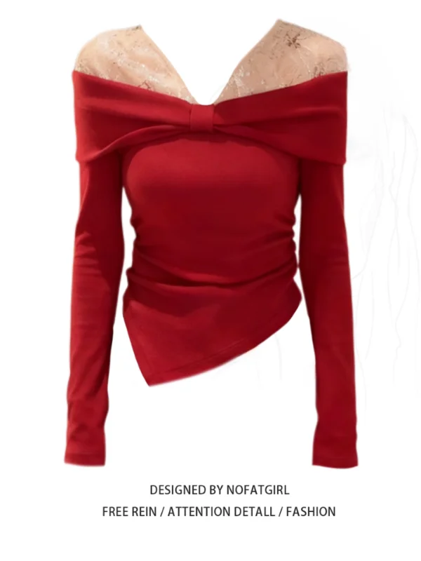 

Sexy Sequin Splice One oulder Slim Fit T-irt Women's Base Layer irt Korean Sle Commute Pear ape Winter Long Sve