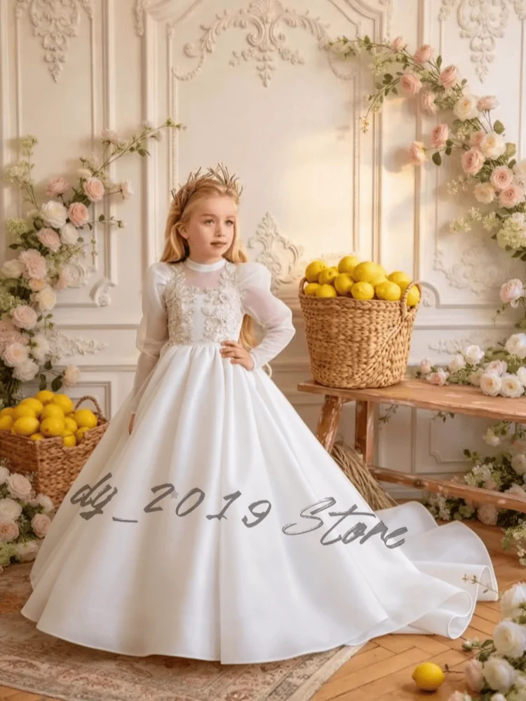 Vintage Garden Customized Flower Girl Dress High Neck Puff Sleeve 3D Lace Beaded A-line Glitter Tulle Princess Gown for Wedding