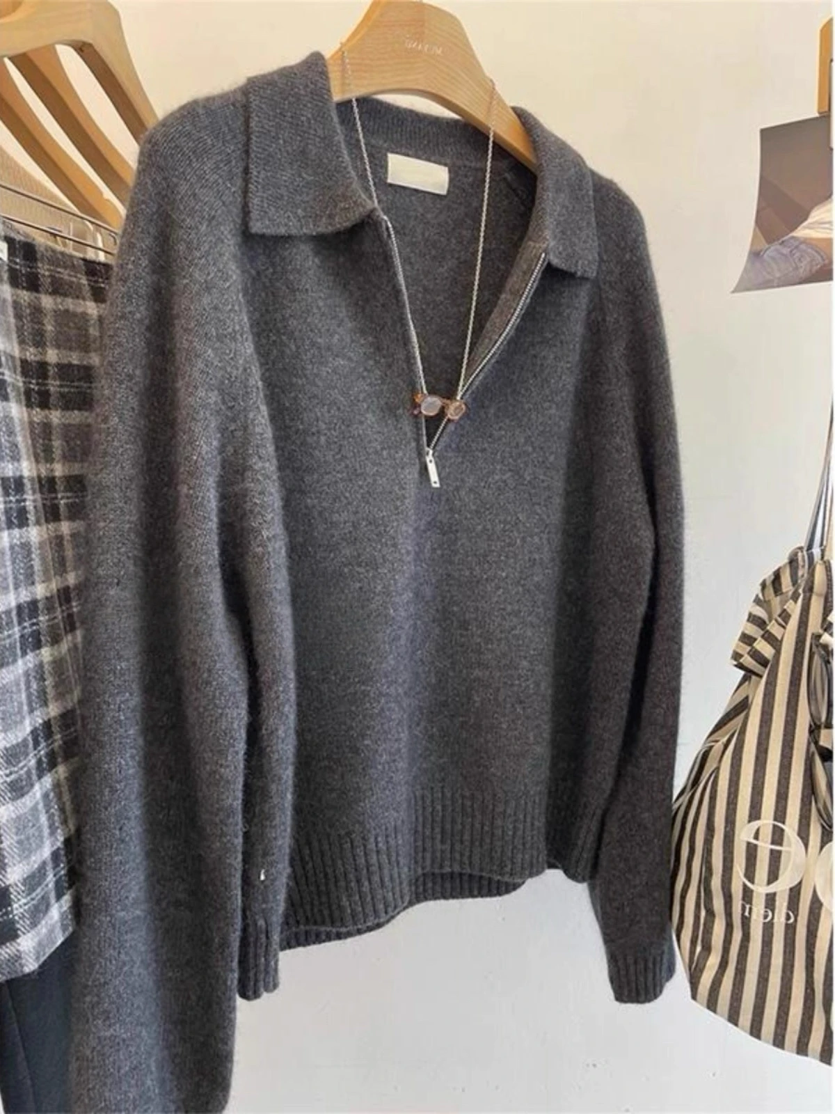 

Half-zip collar polo 100% wool knit top for women thickened Korean-style inner base layer and outer wear for autumn and winter