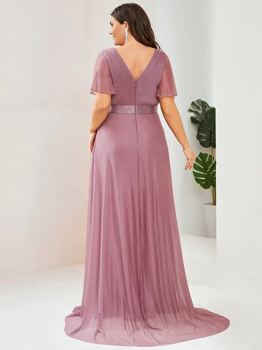 Plus Size Evening Dresses Deep V Neck Ruffles Sleeve Floor length 2025 Ever Pretty of A Line Orchid Bridesmaid dress