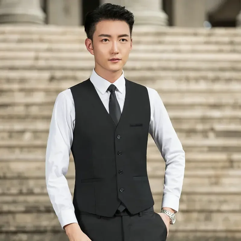 

Men Button Up V-neck Black Suit Vest Business Office Wear Suit Slim Fit Blue Male Plus Size Sleeveless Waistcoat 6xl 5xl