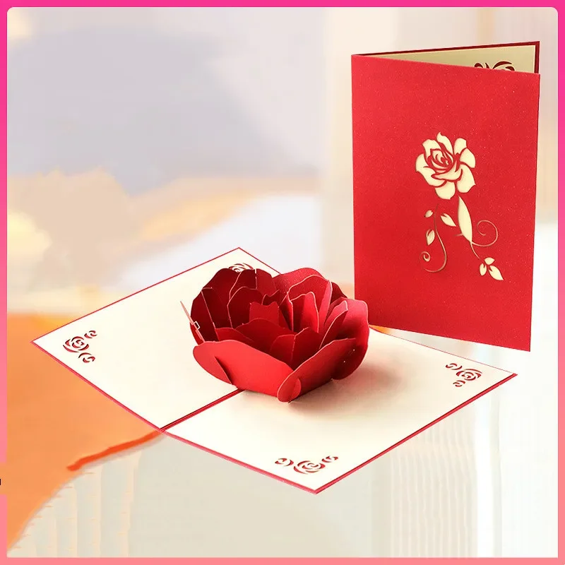 10pcs 3D Popup Greeting Cards Rose Love Postcards Wedding Birthday Anniversary Couples Couples Handmade Valentine's Day Gifts