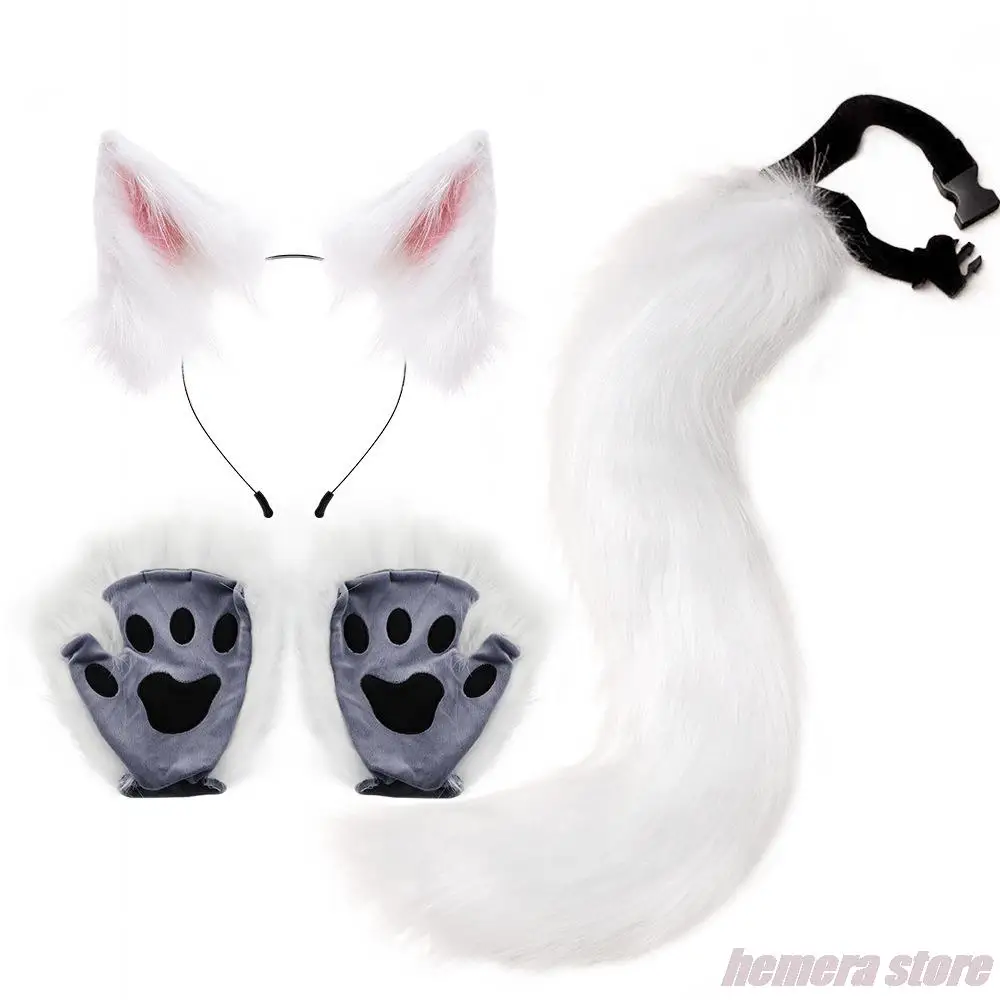 

Masquerade Faux Fur Fox Cat Ear Hairband，Long Tail，Beast Claw Gloves Cosplay Accessories Set Animal Costume