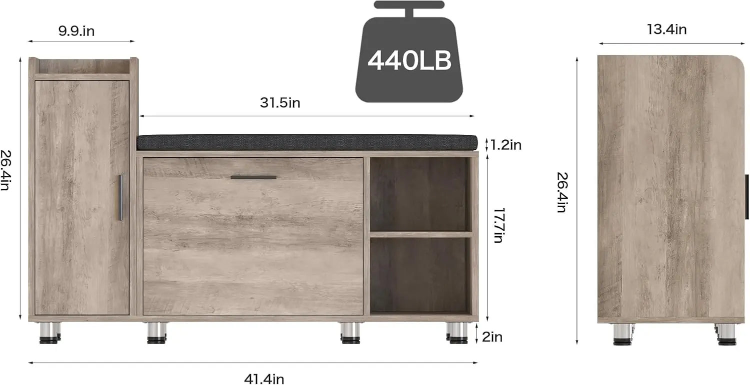 Shoe Storage Bench with Flip Drawer Shoe Cabinet, 8 Height Adjustable Metal Feet, Entryway Bench with Removable Seat Cushion, Sh