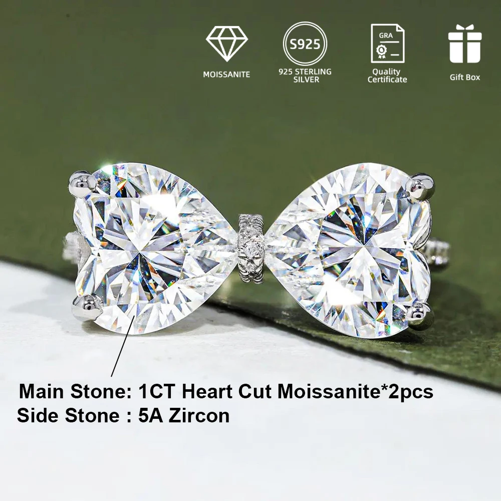 2CT heart-shaped cut moissanite bow ring 100% S925 silver D color women's wedding ring senior jewelry GRA certification.