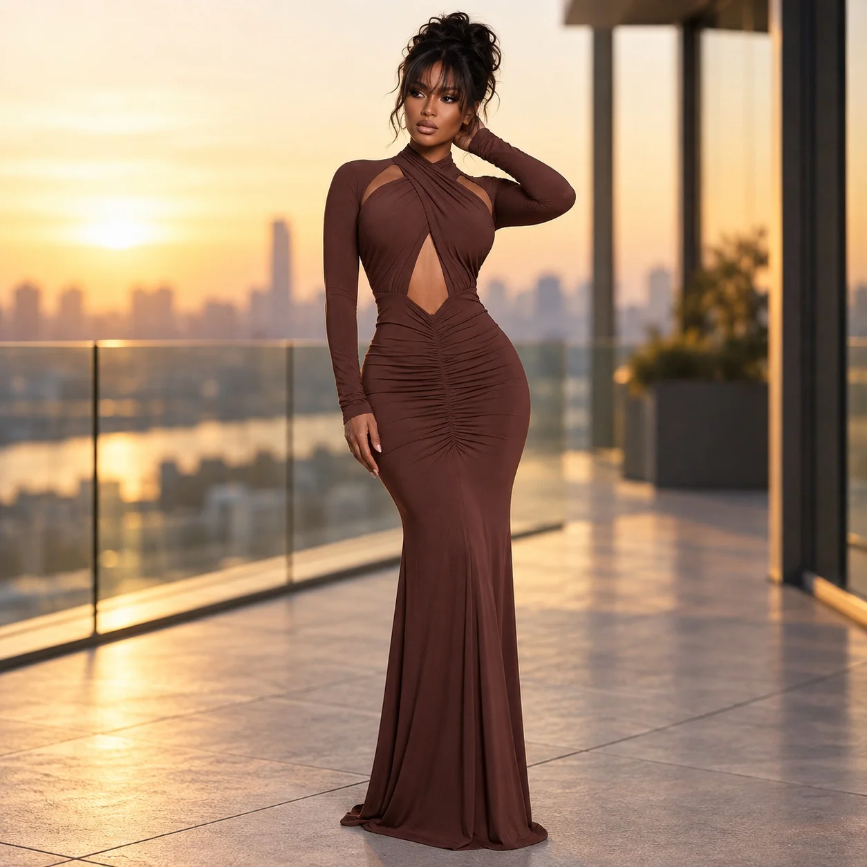 Pullover Long Sleeve Dress Slim Fit Streetwear with High Neck Slim Silhouette European and American Style Spring Daily for Women
