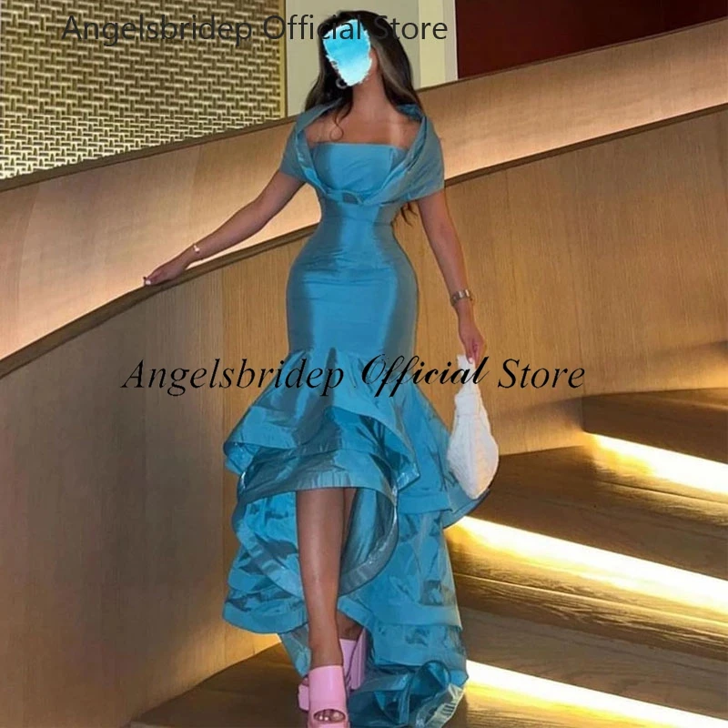 Customized  Mermaid Saudi Arabia Prom Dress Cap Sleeves Satin Midi Formal Women Bodycon Dress Tiered Celebrity Evening Gowns