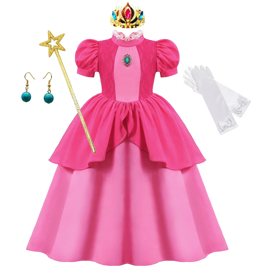 2023 Girls Peach Princess Cosplay Costume Children Halloween Disguise Clothes Birthday Vestidos Party Outfit