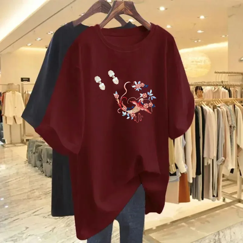 Pullover di base Vintage in cotone 100% estivo, abbigliamento donna t-shirt Casual allentata con scollo a o, t-shirt a maniche corte stampata in cartone animato