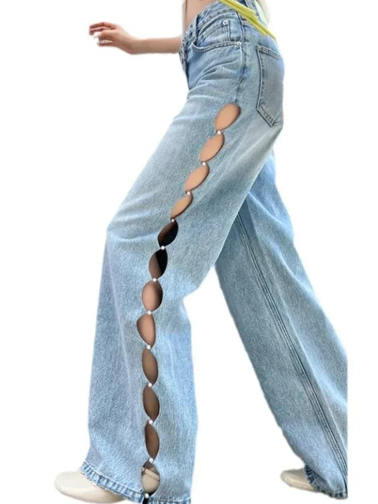 Imagem -05 - Jeans Elegante de Cintura Alta para Mulheres Calças Compridas Casuais de Perna Reta Strass Oco Feminino Novo Primavera Outono 2023