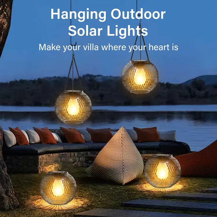 

Solar Iron Hollow Decorative Pendant Light with Tungsten Bulb Fairy Tale Theme Outdoor Garden Hanging Light Creative Street Lamp