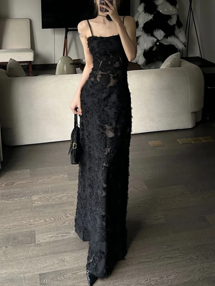 

Y2K Sexy Lace See Through Dress Women Streetwear Fashion Party Dresses Summer Vacation Floral Sleeveless V Neck Long Vestidos