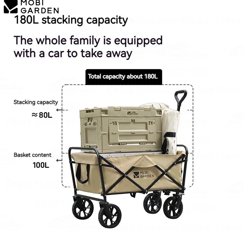 MOBI GARDEN 100L Folding Cart Wagon Large Capacity Camping Outdoor Travel Trolley Portable Double Brake Wheel Bearing 125KG