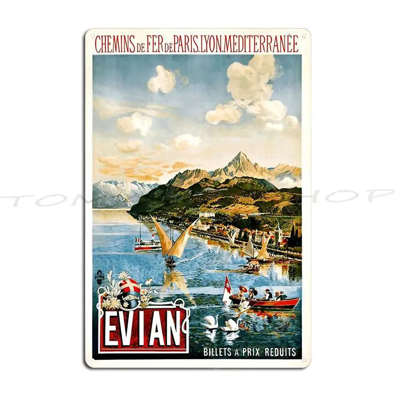 Vintage Travel Evian And Lake Geneva Chemins Metal Sign Cinema Cave Wall Mural Cinema Custom Tin Sign Poster