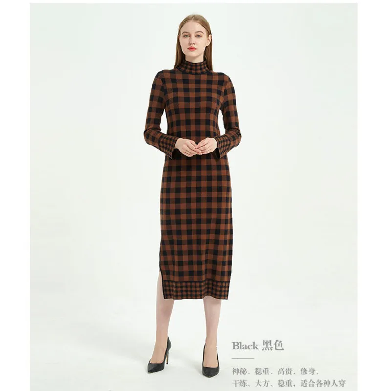 2024 New Autumn And Winter Women's Dress Sleeved Plaid Slim Fit Slit Elegant Style Long Skirt Dresses Women Sizes платье женское