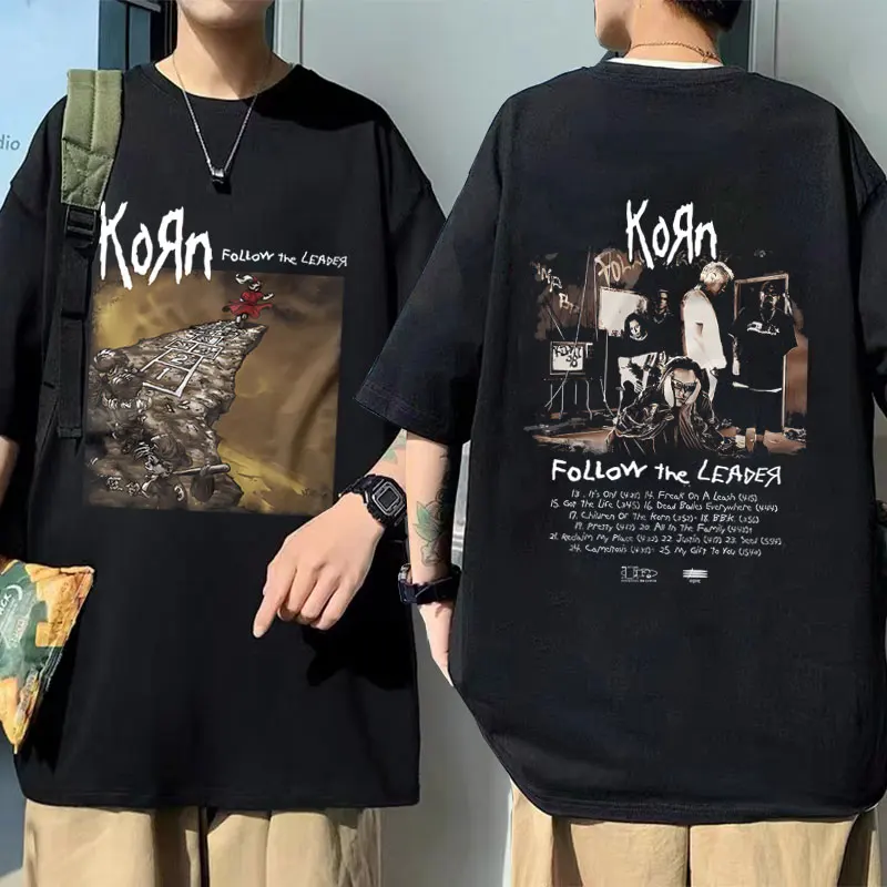 Rock Band Korn Follow The Leader Graphic Tshirt Rare Nu Metal Music Tees Men Women Gothic Vintage T-shirts Male Oversized Tshirt