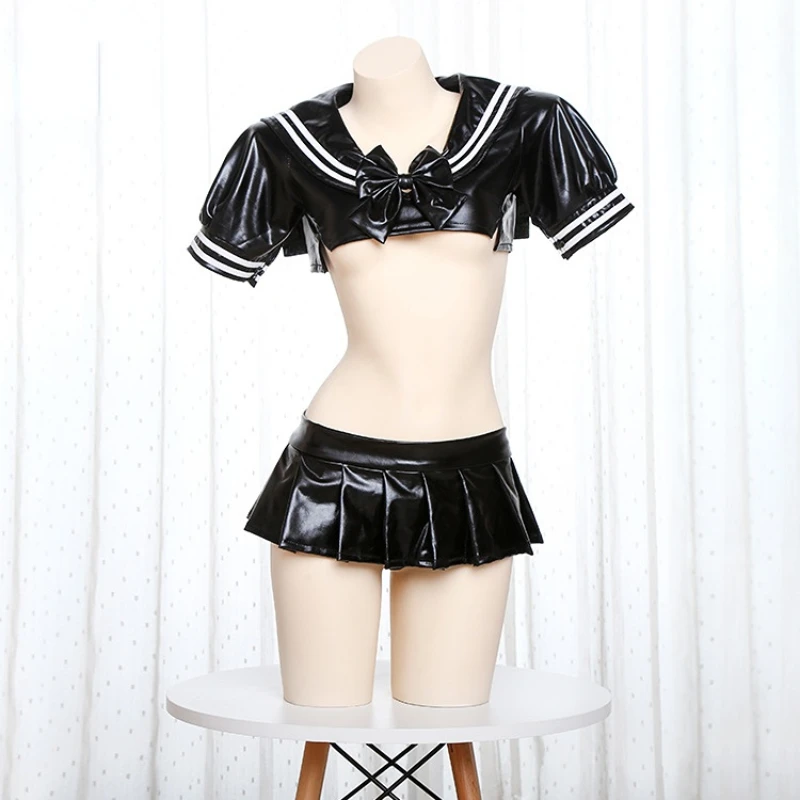 Anime Pu Leather Sailor Suit Cute Female Student Uniform Japanese Bow Sweet Girl Costume Cosplay Mini Skirt Set Out Outfits