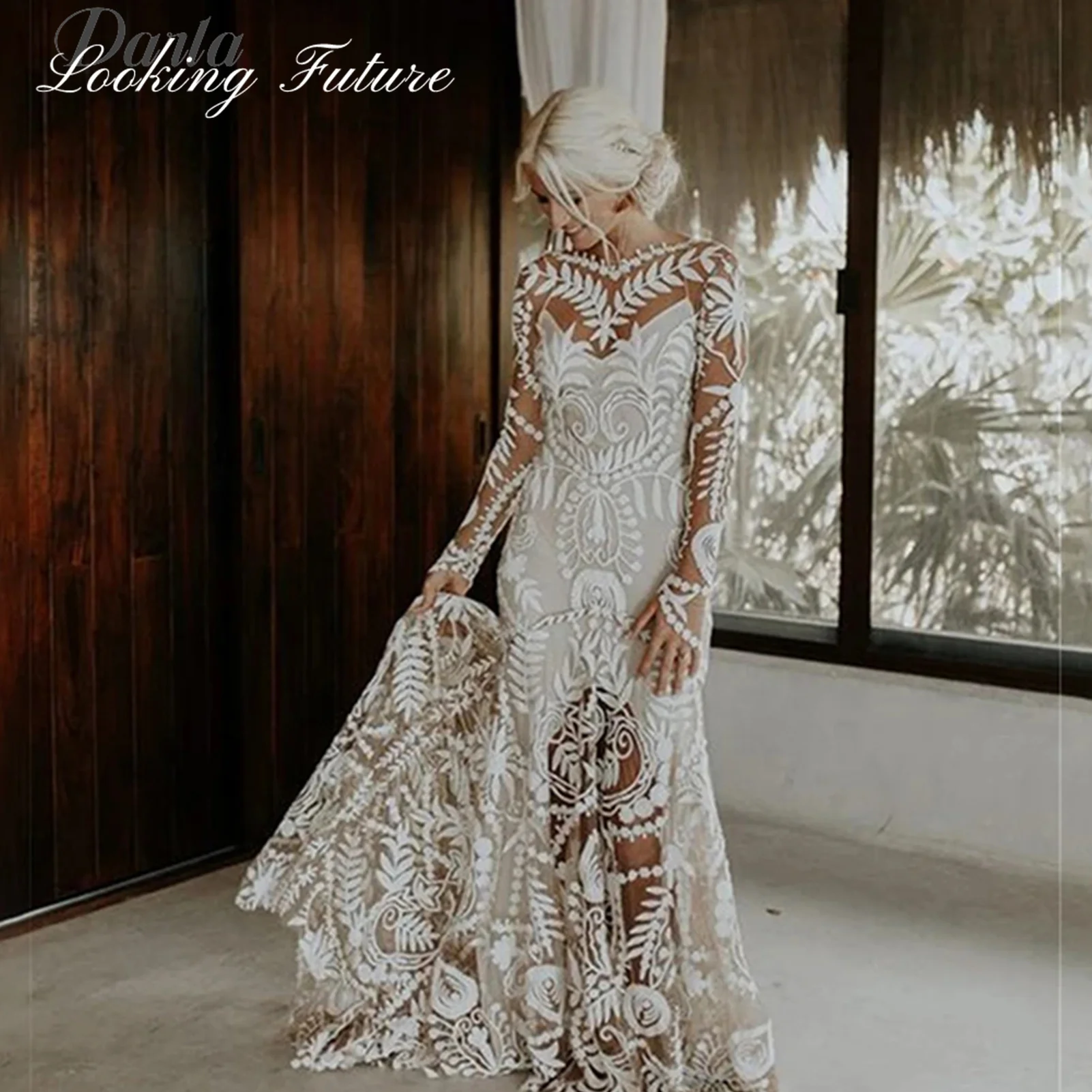 White Morden Lace Pattern Two Pieces Wedding Dresses With Deatachable Coat Embroidery 2025 Long Sleeves V Neck Gowns Customized