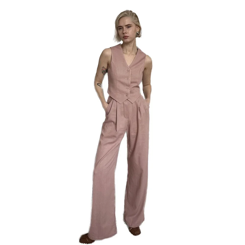 Sumuyoo 2026 Spring Summer New Set V-neck Suit Vest Set High Waist Wide Leg Long Pants Commuter Two Piece Linen Set