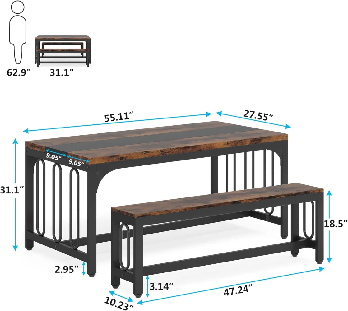 Tribesigns 55 Inch Dining Table Set for 4-6, 3-Piece Kitchen Table with 2 Benches, Space-Saving Dining Room