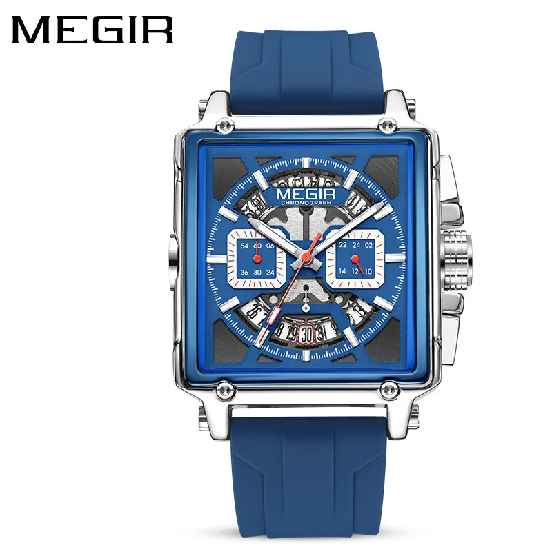MEGIR 2233 Fashion Silicone Strap Luxury Square Watch Men's Watch Disc Quartz Chronograph Calendar Waterproof Watches for Men
