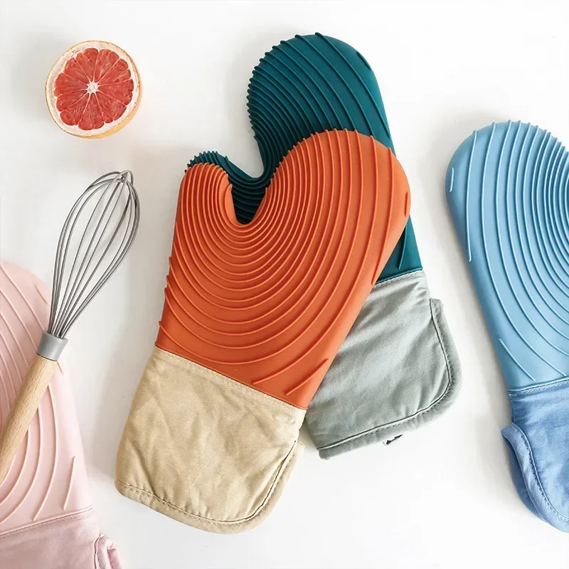 Microwave Silicone Gloves Thick Cotton Baking Gloves with Lanyard Heat Resistant Non-Slip Oven Mitts Kitchen Cooking Grill Glove