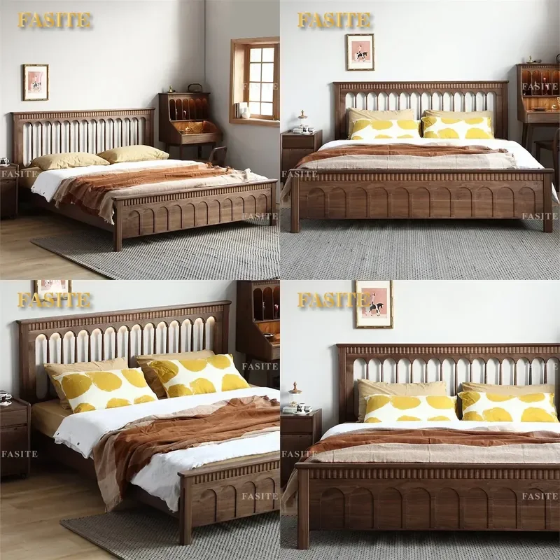 For 1.5m 1.8m Nordic Full Solid Wood Double Bed Black Walnut Retro Windsor Style Master Bedroom Furniture Wedding Bed Log
