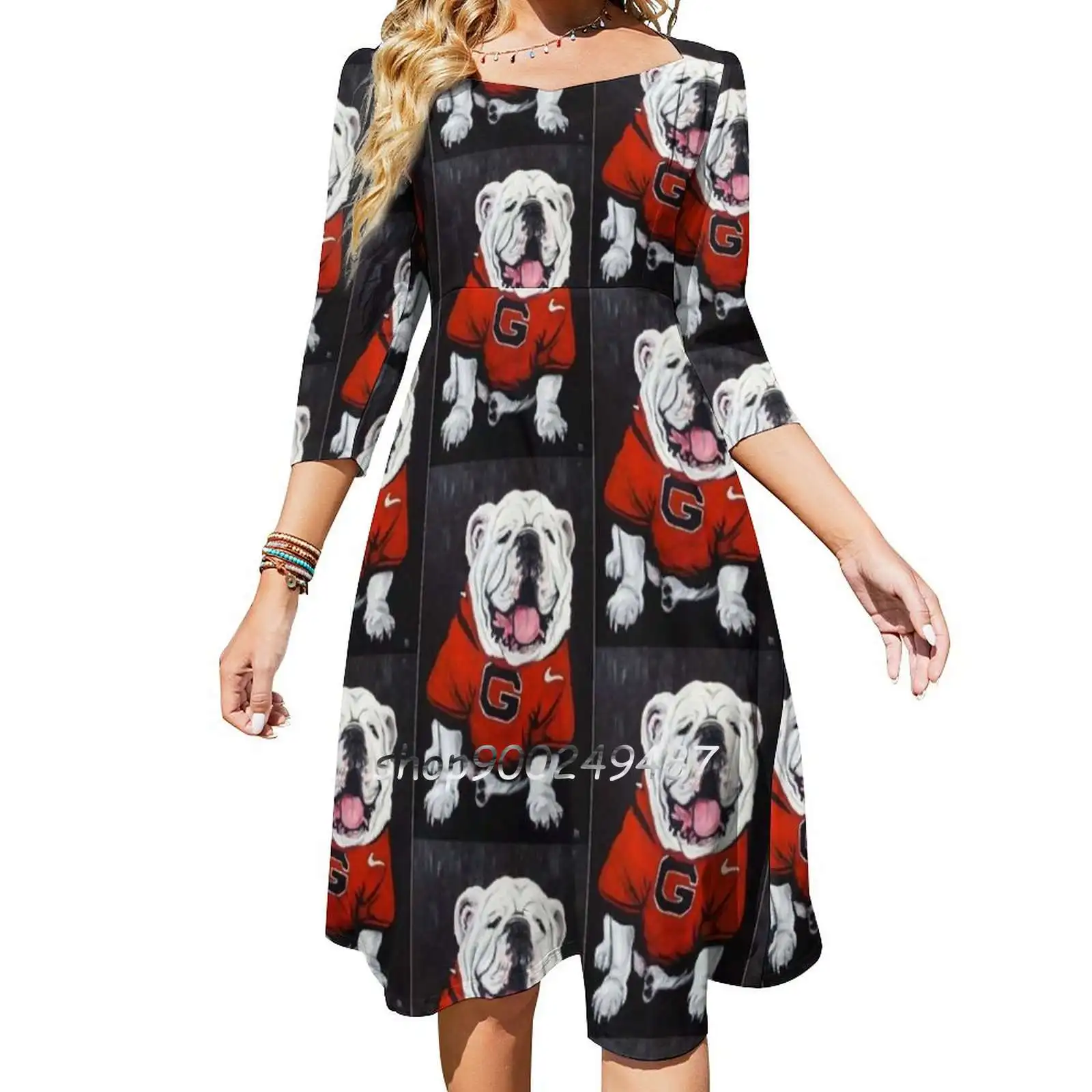 Uga Dog Painted Square Neck Dress Cute Loose Print Dresses Elegant Beach Party Dress Uga Go Dawgs Georgia Bulldogs Smart Chubb